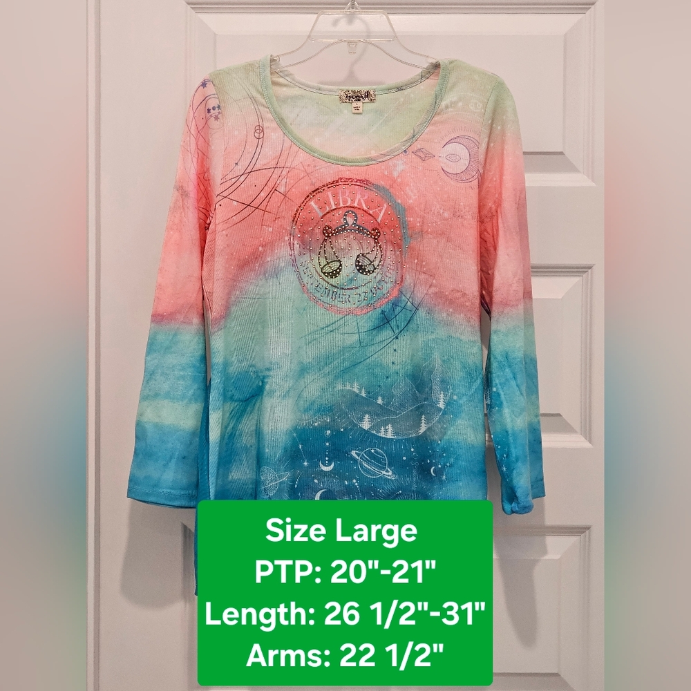 One World Long Sleeve Multi-color Libra Top, NWT, Size Large